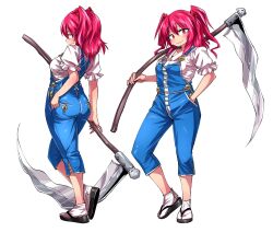 Rule 34 | 1girl, adapted costume, alternate costume, blue overalls, blush, breasts, carrying over shoulder, closed mouth, full body, hair bobbles, hair ornament, hand in pocket, holding, holding scythe, looking at viewer, medium breasts, multiple views, okobo, onozuka komachi, overalls, pink hair, red eyes, red hair, sandals, scythe, shimizu pem, shirt, smile, socks, tabi, touhou, two side up, white shirt, white socks, zouri