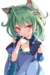 Rule 34 | 1girl, absurdres, ahoge, animal ear fluff, animal ears, arm behind back, bare shoulders, blue dress, blunt bangs, blush, cat ears, cat girl, clothing cutout, colored tips, dress, earrings, finger to mouth, flat chest, green hair, hair ornament, highres, hololive, jewelry, kemonomimi mode, licking, licking finger, looking at viewer, low twintails, medium hair, multicolored hair, red eyes, shoulder cutout, simple background, skull hair ornament, solo, toshizou (0714), tsurime, twintails, upper body, uruha rushia, uruha rushia (1st costume), virtual youtuber, white background, wide sleeves