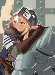 Rule 34 | 1girl, armor, belt, blonde hair, blush, breastplate, brown belt, brown gloves, chosen undead, commentary request, cosplay, dark souls (series), dark souls i, elbow gloves, eyelashes, full armor, gloves, helm, helmet, highres, hololive, knight, leaning on person, long hair, looking to the side, multicolored hair, open mouth, pointy ears, shiranui flare, shoulder armor, siegmeyer of catarina, solo, streaked hair, upper body, uzuradobin, virtual youtuber, white hair