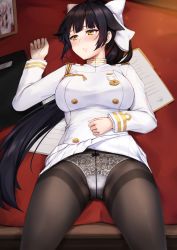 Rule 34 | 1girl, anti (0324), arm up, azur lane, black bow, black hair, black pantyhose, blush, bow, breasts, buttons, clothes lift, commentary request, crotch seam, double-breasted, epaulettes, hair bow, hand on own stomach, highres, jewelry, large breasts, long hair, long sleeves, looking away, looking to the side, lying, military, military uniform, on back, panties, panties under pantyhose, pantyhose, paper, photo (object), picture frame, ponytail, ring, see-through, shirt, skirt, skirt lift, solo, spread legs, takao (azur lane), thighband pantyhose, underwear, uniform, very long hair, wedding band, white bow, white panties, white shirt, white skirt, yellow eyes
