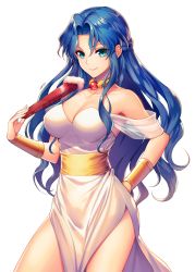 Rule 34 | 1girl, artist name, bare shoulders, blue eyes, blue hair, bracer, braid, breasts, cleavage, closed mouth, collarbone, dress, eyes visible through hair, fingernails, folding fan, french braid, gem, hair intakes, hand fan, hand on own hip, hand up, highres, holding, holding fan, jewelry, large breasts, long hair, looking at viewer, madou monogatari, milcho, neck ring, pelvic curtain, puyopuyo, rulue (puyopuyo), sash, see-through, side slit, sidelocks, signature, simple background, smile, solo, strapless, strapless dress, wavy hair, white background, white dress