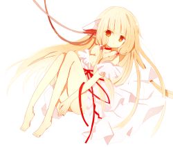 Rule 34 | 00s, 1girl, bare legs, bare shoulders, barefoot, blonde hair, cable, chii, chobits, choker, dress, full body, long hair, long legs, nayu (rhododendron), off shoulder, robot ears, solo, strapless, strapless dress, white background, white dress, yellow eyes