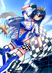 Rule 34 | 1girl, absurdres, alternate costume, arm up, awning, belt, belt collar, black belt, black gloves, black hair, blue footwear, blue leotard, blue sky, blush, breasts, brown eyes, checkered clothes, checkered flag, checkered shirt, checkered skirt, cleavage, closed mouth, cloud, collar, criss-cross halter, cropped jacket, cross-laced leotard, demon girl, demon tail, dutch angle, feet out of frame, flag, fold-over boots, foot up, gloves, hair between eyes, half gloves, halterneck, highres, holding, holding flag, jacket, konekoneko (konekopi), large breasts, leotard, long bangs, long hair, looking at viewer, nanashi inc., navel, open clothes, open jacket, pointy ears, race queen, revealing clothes, shimamura charlotte, shirt, skirt, sky, smile, solo, tail, tan, virtual youtuber, white jacket, white shirt