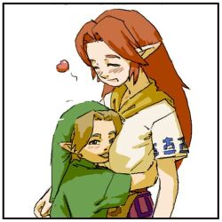 Rule 34 | 1boy, 1girl, age difference, ben drowned, between breasts, blue eyes, blush, breasts, brown hair, closed eyes, commentary, cremia, face between breasts, green hat, grin, hashtag-only commentary, hat, head between breasts, heart, height difference, hug, link, long hair, medium breasts, neckerchief, nintendo, onee-shota, orange hair, pantsu-ripper, pointy ears, smile, the legend of zelda, the legend of zelda: majora&#039;s mask, yellow neckerchief, young link