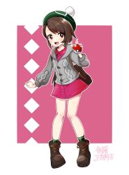 Rule 34 | 1girl, :d, absurdres, backpack, bag, blush, bob cut, boots, brown bag, brown eyes, brown footwear, brown hair, buttons, cable knit, cardigan, collared dress, commentary request, creatures (company), dodotsuki, dress, full body, game freak, gloria (pokemon), green hat, green socks, grey cardigan, happy, hat, highres, holding, holding poke ball, hooded cardigan, looking at viewer, nintendo, open mouth, pink dress, plaid socks, poke ball, poke ball (basic), pokemon, pokemon swsh, short hair, smile, socks, solo, tam o&#039; shanter