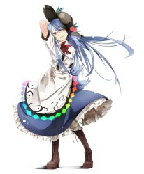 Rule 34 | 1girl, arm behind back, arm behind head, black hat, blue bow, blue hair, blue skirt, boots, bow, brown footwear, collared shirt, cross-laced footwear, food, frilled skirt, frills, fruit, full body, gorilla (bun0615), hat, hinanawi tenshi, lace-up boots, long hair, long skirt, looking at viewer, open mouth, peach, red bow, red eyes, shirt, short sleeves, simple background, skirt, smile, solo, standing, touhou, white background