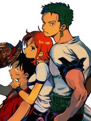 Rule 34 | 1girl, 2boys, bandana around arm, bare shoulders, black hair, breasts, closed mouth, commentary, earrings, facial scar, from side, green hair, hat, height difference, highres, holding, holding clothes, holding hat, jewelry, makenevemoiine, medium breasts, monkey d. luffy, multiple boys, nami (one piece), one piece, orange hair, red vest, roronoa zoro, scar, scar on cheek, scar on face, shirt, short hair, short sleeves, single sidelock, straw hat, straw hat pirates, symbol-only commentary, unworn hat, unworn headwear, upper body, vest, white background, white shirt