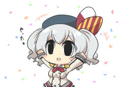 Rule 34 | +++, 1girl, :d, absurdres, arms up, beret, black eyes, black hat, blush stickers, buttons, collared shirt, double-breasted, epaulettes, goma (gomasamune), grey shirt, grey skirt, hair between eyes, hat, highres, jacket, kantai collection, kashima (kancolle), kerchief, long hair, long sleeves, military, military uniform, open mouth, red neckwear, shirt, silver hair, skirt, smile, solo, twintails, uniform, white background, white jacket