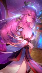 Rule 34 | absurdres, bare shoulders, breasts, detached sleeves, genshin impact, hair ornament, highres, japanese clothes, large breasts, long hair, looking at viewer, mmlyno, pink hair, purple eyes, solo, thighs, upper body, yae miko