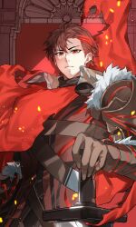 Rule 34 | 1boy, absurdres, armor, brown gloves, cape, closed mouth, diamant (fire emblem), fire emblem, fire emblem engage, fur trim, gloves, highres, hmmjust 0000, looking at viewer, male focus, nintendo, red cape, red eyes, red hair, short hair, shoulder armor, solo, sword, upper body, weapon