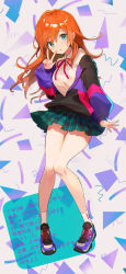Rule 34 | 1girl, text background, black jacket, breasts, collared shirt, commentary request, dress shirt, full body, green eyes, green skirt, hair between eyes, hand up, hayama eishi, highres, jacket, long hair, long sleeves, medium breasts, neck ribbon, off shoulder, orange hair, original, parted lips, plaid, plaid skirt, pleated skirt, puffy long sleeves, puffy sleeves, purple footwear, red ribbon, ribbon, shindan maker, shirt, shoes, skirt, sleeves past wrists, socks, solo, translation request, v, very long hair, white shirt, white socks