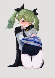 Rule 34 | 1girl, absurdres, anchovy (girls und panzer), anzio school uniform, black cape, black footwear, black necktie, black ribbon, black skirt, blush, book, cape, commentary, drill hair, frown, full body, girls und panzer, giving, green hair, grey background, hair ribbon, head tilt, highres, holding, holding book, kneeling, long hair, long sleeves, looking at viewer, miniskirt, necktie, one eye closed, open mouth, pantyhose, pleated skirt, red eyes, ribbon, school uniform, shirt, shoes, simple background, skirt, solo, tenpura32200, translated, twin drills, twintails, white pantyhose, white shirt, wing collar