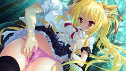 Rule 34 | 1girl, animal ears, blonde hair, breasts, clothes lift, fingering, forest, fox ears, game cg, grabbing, grabbing another&#039;s breast, karin amagi, long hair, magical marriage lunatics!!, moonstone, nature, open mouth, panties, red eyes, skirt, skirt lift, striped clothes, striped panties, thighhighs, tree, underwear, upskirt, yamakaze ran