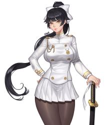 Rule 34 | 1girl, absurdres, azur lane, black hair, blunt bangs, bow, breasts, brown pantyhose, closed mouth, cowboy shot, fingernails, hair bow, hand on hilt, hand on own hip, highres, jacket, karmiel, katana, large breasts, legs together, lips, long hair, long sleeves, military, military uniform, miniskirt, pantyhose, pink lips, pleated skirt, ponytail, signature, simple background, skirt, solo, sword, takao (azur lane), uniform, very long hair, weapon, white background, white bow, white jacket, white skirt, yellow eyes