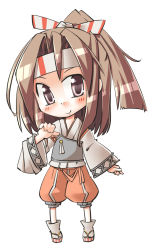 Rule 34 | 10s, 1girl, arnest, brown eyes, brown hair, chibi, full body, hakama, hakama pants, hakama shorts, japanese clothes, kantai collection, pants, personification, short hair, shorts, simple background, solo, standing, white background, zuihou (kancolle)