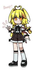 Rule 34 | 1other, alternate costume, androgynous, animal ears, antenna hair, black bow, black footwear, black ribbon, blonde hair, bow, brown shorts, closed mouth, collared shirt, commentary request, english text, full body, heart antenna hair, kemonomimi mode, legwear garter, len&#039;en, long hair, mary janes, neck ribbon, no nose, ooama no ake no mitori, orange eyes, other focus, rabbit ears, ribbon, shirt, shoes, short sleeves, shorts, simple background, smile, socks, solo, suspender shorts, suspenders, websci 3357, white background, white shirt, white socks