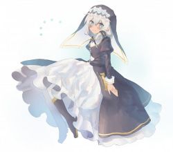 Rule 34 | 1girl, artist request, bad id, bad pixiv id, black dress, black footwear, boots, closed mouth, dress, full body, hair between eyes, honkai (series), honkai impact 3rd, long hair, long sleeves, looking at viewer, nun, side ponytail, simple background, smile, solo, theresa apocalypse, theresa apocalypse (valkyrie pledge), white background, white hair, white legwear