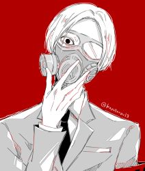 Rule 34 | 1boy, awara kayu, collared shirt, commentary request, formal, gas mask, grey jacket, grey shirt, hand up, jacket, long sleeves, looking at viewer, male focus, mask, nakarai keijin, necktie, parted bangs, red background, shirt, short hair, simple background, solo, tokyo ghoul, tokyo ghoul:re, twitter username, upper body