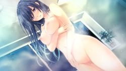Rule 34 | 1girl, blue hair, blush, breasts, censored, closed mouth, collarbone, completely nude, dutch angle, floating hair, game cg, gradient hair, indoors, large breasts, long hair, looking down, minamoto nanami, mosaic censoring, multicolored hair, navel, nipples, nude, official art, purple eyes, showering, solo, toriko no shirabe -refrain- chouritsu sareru otome-tachi to onna kyoushi, very long hair, wet, wet hair