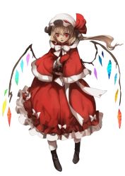 Rule 34 | 1girl, adapted costume, asymmetrical hair, blonde hair, boots, bow, capelet, crystal, dress, flandre scarlet, full body, gloves, hat, hat ribbon, highres, looking at viewer, mob cap, no-kan, open mouth, red dress, red eyes, red gloves, ribbon, sash, side ponytail, simple background, smile, solo, touhou, white background, wings, winter clothes