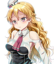 Rule 34 | 10s, 1girl, :t, armpits, ascot, bare shoulders, blonde hair, blush, braid, breasts, bright background, chromatic aberration, corset, detached sleeves, french braid, hat, kantai collection, kumao mofumofu, large breasts, long hair, long sleeves, multicolored eyes, pout, purple eyes, ribbon, shirt, simple background, solo, star-shaped pupils, star (symbol), symbol-shaped pupils, wavy hair, white background, white shirt, zara (kancolle)