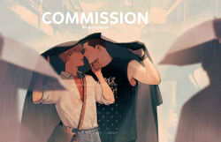 Rule 34 | 2boys, adam parrish, bishounen, black hair, black tank top, black wristband, blonde hair, blue eyes, buzz cut, catbishonen, closed eyes, commission, couple, cowboy shot, freckles, grabbing another&#039;s chin, hand on another&#039;s chin, highres, imminent kiss, jacket over head, looking at another, male focus, multiple boys, outdoors, rain, ronan lynch, short hair, smile, tank top, the raven cycle, very short hair, yaoi