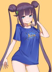 Rule 34 | 1girl, absurdres, arts shirt, blue eyes, blue shirt, blunt bangs, blush, breasts, closed mouth, collarbone, double bun, fate/grand order, fate (series), female focus, hair bun, hair ornament, hand up, highres, kopaka (karda nui), large breasts, leaf hair ornament, long hair, looking at viewer, purple hair, shirt, sidelocks, simple background, smile, solo, standing, t-shirt, thighs, twintails, very long hair, yang guifei (fate), yellow background