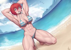 Rule 34 | 1girl, abs, absurdres, ahoge, armpits, arms behind head, arms up, bare legs, barefoot, beach, bikini, blue bikini, blue eyes, breasts, cleavage, cloud, collarbone, female focus, gluteal fold, highres, kneeling, large breasts, light rays, mouth hold, muscular, muscular female, navel, original, parted lips, red hair, shore, short hair, side-tie bikini bottom, sky, solo, speedl00ver, striped bikini, striped clothes, sunbeam, sunlight, swimsuit, thick thighs, thighs, toes, untied bikini