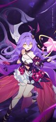 Rule 34 | 1girl, :d, bad source, bare shoulders, barefoot, breasts, chinese commentary, detached sleeves, dress, fingerless gloves, gloves, hair between eyes, highres, honkai (series), honkai impact 3rd, logo, long hair, official art, open hand, open mouth, pink gloves, purple hair, purple theme, scissors, sirin, sirin (miracle magical girl), skirt, small breasts, smile, solo, star (symbol), toes, upper body, very long hair, weapon, white skirt, yellow eyes