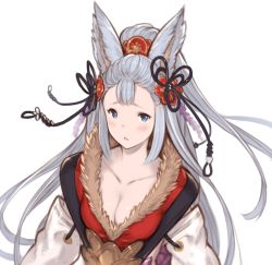 Rule 34 | 10s, 1girl, animal ears, bad id, bad pixiv id, blush, breasts, cleavage, collarbone, erune, fox ears, fur trim, granblue fantasy, hair ornament, half updo, hanarito, highres, japanese clothes, large breasts, light purple hair, long hair, looking at viewer, simple background, societte (granblue fantasy), solo, white background