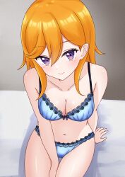Rule 34 | 1girl, blue bra, blue panties, blush, bra, breasts, cleavage, closed mouth, collarbone, commentary request, hair between eyes, highres, lace, lace-trimmed bra, lace-trimmed panties, lace trim, looking at viewer, love live!, love live! superstar!!, medium breasts, medium hair, midriff, navel, orange hair, paid reward available, panties, purple eyes, shibuya kanon, sikamiya, sitting, smile, solo, underwear, upper body