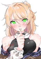 Rule 34 | 1girl, absurdres, arm warmers, black shirt, blonde hair, blush, braid, breasts, brown shirt, commentary, french braid, green eyes, highres, looking at viewer, medium breasts, medium hair, mizuhashi parsee, ninniku (mfu7324), nose blush, off shoulder, parted lips, portrait, scarf, shirt, short ponytail, simple background, sleeveless, sleeveless shirt, solo, touhou, white background, white scarf