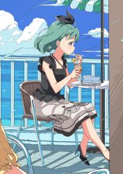 Rule 34 | 1girl, absurdres, black ribbon, black shirt, blue sky, book, brown eyes, buchi (y0u0ri ), collarbone, cup, curly hair, day, drinking, drinking straw, fence, frilled shirt, frills, green hair, grey skirt, hairband, high heels, highres, holding, holding cup, idolmaster, idolmaster million live!, idolmaster million live! theater days, long skirt, looking at another, ocean, on chair, ribbon, shirt, short hair, short sleeves, skirt, sky, solo, table, tokugawa matsuri, umbrella