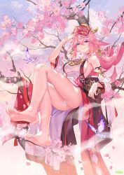 Rule 34 | 1girl, animal ears, arm up, armpits, artist name, ass, atdan, bare legs, bare shoulders, barefoot, book, breasts, bug, butterfly, cherry blossoms, convenient censoring, detached sleeves, earrings, feet, flower, from below, full body, genshin impact, gohei, grin, hair between eyes, hair ornament, highres, holding, insect, japanese clothes, jewelry, large breasts, legs, long hair, looking at viewer, miko, open book, petals, pink flower, pink hair, purple butterfly, purple eyes, sideboob, sitting, smile, soles, solo, thighs, toes, tree, yae miko