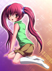 00s air_(visual_novel) brown_eyes highres long_hair looking_back michiru_(air) red_hair shin_(applique) socks solo twintails