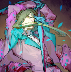 Rule 34 | 1boy, alriune, belt, blood, blood on clothes, bloody weapon, blue belt, coat, e.g.o (project moon), falling leaves, green hair, holding, holding sword, holding weapon, jacket, leaf, library of ruina, long hair, looking at another, male focus, netzach (project moon), nishikujic, pants, pink coat, pink jacket, pink pants, project moon, shirt, sidelocks, solo, sword, upper body, very long hair, weapon, white shirt, wing collar, yellow eyes