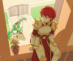 Rule 34 | 1boy, armor, barding, breastplate, cape, closed mouth, commentary request, cross, day, dragon, feet out of frame, ferus (ragnarok online), gauntlets, geographer (ragnarok online), hedge, indoors, leg armor, looking outside, natsuya (kuttuki), pauldrons, plant, potted plant, purple eyes, ragnarok masters, ragnarok online, red cape, red hair, rune knight (ragnarok online), short hair, shoulder armor, smile, spiked pauldrons, tabard, window