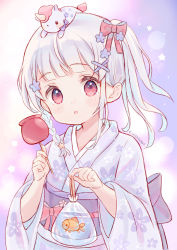 Rule 34 | 1girl, :o, animal, animal on head, artist name, blunt bangs, blush, bow, candy, candy apple, cat, commentary request, commission, fish, food, fruitsrabbit, goldfish, hair ornament, hair ribbon, hairclip, hands up, holding, holding candy, holding food, japanese clothes, kimono, long hair, looking at viewer, obi, obi bow, obiage, obijime, on head, original, parted lips, purple background, purple kimono, red eyes, ribbon, sash, star (symbol), star hair ornament, tress ribbon, upper body, white hair, yukata