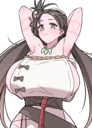 Rule 34 | 1girl, akitokage, armpits, arms behind head, arms up, bare shoulders, blush, body markings, breasts, brown eyes, brown hair, closed mouth, dress, fate/grand order, fate (series), groin, himiko (fate), himiko (first ascension) (fate), huge breasts, jewelry, long hair, looking at viewer, magatama, magatama necklace, necklace, no bra, no panties, sash, side slit, sideboob, smile, solo, topknot, twintails, white dress