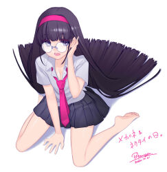 Rule 34 | 1girl, absurdres, arm between legs, barefoot, black hair, blue eyes, breasts, cleavage, collared shirt, dated, full body, glasses, tucking hair, hairband, highres, long hair, looking to the side, medium breasts, nana mikoto, necktie, open mouth, original, pleated skirt, round eyewear, shirt, short sleeves, sitting, skirt, solo, very long hair, wariza, white background