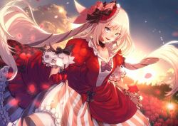 Rule 34 | 1girl, absurdres, blue eyes, bow, breasts, cleavage, clothes lift, commentary request, dress, dress lift, drill hair, fate/grand order, fate (series), flower, frilled hat, frills, gloves, hat, hat bow, highres, huge filesize, long hair, marie antoinette (fate), marie antoinette (fgo x takarazuka kinen) (fate), nakanishi tatsuya, official alternate costume, outdoors, petals, puffy sleeves, red dress, red flower, red gloves, red hat, red rose, rose, rose petals, small breasts, solo, tilted headwear, twin drills, very long hair, white hair