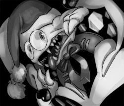 Rule 34 | 1boy, black background, fangs, greyscale, hat, jester cap, kirby (series), kirby super star, kumoketu, looking at viewer, marx (kirby), monochrome, monster, mouth pull, nintendo, no humans, purple background, ribbon, sharp teeth, shoes, solo, teeth, tongue, tongue out, wings