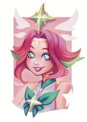 Rule 34 | 1girl, artist name, bare shoulders, bow, cropped torso, detached wings, gem, green bow, green eyes, green hair, grin, league of legends, multicolored hair, neeko (league of legends), official alternate costume, parted bangs, peghmey, pink background, pink lips, shoulder tattoo, smile, solo, star guardian neeko, star tattoo, tattoo, teeth, two-tone hair, wings