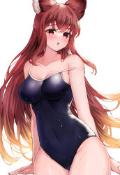 Rule 34 | 1girl, :o, anthuria, bad id, bad pixiv id, blonde hair, blue one-piece swimsuit, breasts, gradient hair, granblue fantasy, highres, koretsuki azuma, large breasts, long hair, looking at viewer, multicolored hair, off shoulder, one-piece swimsuit, red eyes, red hair, resolution mismatch, simple background, solo, source larger, swimsuit, wet, wet clothes, wet swimsuit, white background