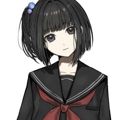 Rule 34 | 1girl, amemori sayo, black eyes, black hair, black serafuku, blunt bangs, blunt ends, closed mouth, collarbone, commentary, hair bobbles, hair ornament, head tilt, highres, light smile, looking at viewer, neckerchief, nijisanji, one side up, pale skin, red neckerchief, roka (roka 00416), school uniform, serafuku, short hair, simple background, solo, straight-on, upper body, virtual youtuber, white background