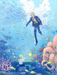 Rule 34 | 2boys, aged down, angelfish, anglerfish, black jacket, black pants, black suit, blonde hair, blue theme, book, child, coral, coral reef, dual persona, fish, formal, holding, jacket, long sleeves, male focus, multiple boys, necktie, ocean, seafloor, octopus, one piece, open clothes, open jacket, pants, reading, sanji (one piece), school of fish, shirt, short hair, short sleeves, suit, time paradox, underwater, wanawana, white shirt, yellow shirt