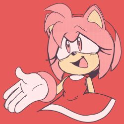 Rule 34 | 1girl, alternate eye color, amy rose, animal ears, animal nose, bare shoulders, blush, body fur, breasts, dress, female focus, flat color, furry, furry female, gloves, hairband, hand up, happy, highres, light blush, matching hair/eyes, open mouth, pink eyes, pink fur, pink hair, red background, red dress, red hairband, short dress, short hair, sidelocks, simple background, sketch, sleeveless, sleeveless dress, small breasts, smile, solo, sonic (series), stellarspin, two-tone fur, upper body, white gloves