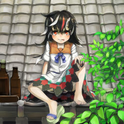 Rule 34 | 1girl, :p, barefoot, black hair, blouse, bottle, bow, cone horns, dress, full body, hand on own knee, horns, kijin seija, knee up, leaf, looking at viewer, masu, multicolored hair, nail polish, neckerchief, no socks, on roof, piyodesu, red eyes, red hair, red nails, rooftop, sandals, shirt, shoe dangle, shoes, short hair, short sleeves, single shoe, sitting, sitting on roof, skirt, skirt set, smile, smirk, solo, streaked hair, tile roof, toenail polish, toenails, tongue, tongue out, touhou, white hair