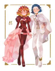 Rule 34 | 1boy, 1girl, ^ ^, absurdres, alternate costume, alternate hairstyle, blue hair, blush, boots, breasts, closed eyes, couple, dress, formal, freyja wion, hair behind ear, hair ornament, hair slicked back, hairclip, hayate immelmann, hetero, highres, holding hands, juliet sleeves, long sleeves, macross, macross delta, orange hair, pants, pink skirt, puffy sleeves, red dress, red footwear, ro (tuyu 416), skirt, small breasts, smile, suit, thigh boots, thighhighs, v-shaped eyebrows, white footwear, white pants, white suit