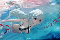 Rule 34 | 1girl, absurdres, air bubble, arknights, bare shoulders, bottomless, breasts, bubble, criss-cross halter, fish, hair between eyes, halterneck, highres, large breasts, long hair, looking at viewer, omone hokoma agm, parted lips, red eyes, silver hair, skadi (arknights), solo, swimming, swimsuit, underwater, very long hair, water